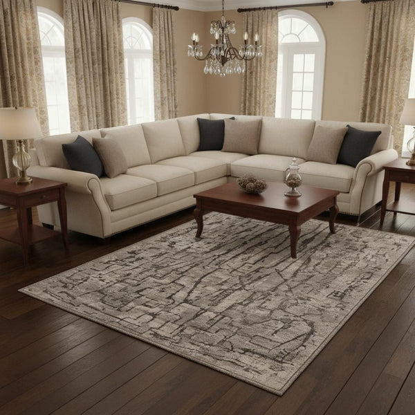 HomeRoots 5' Gray and Black Abstract Distressed Area Rug - Modern Comfort, Durable Design for Any Space 8' X 11' 374803