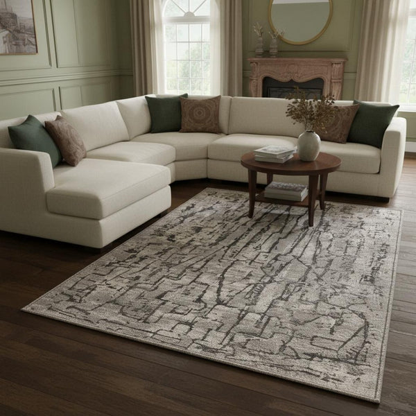 HomeRoots 5' Gray and Black Abstract Distressed Area Rug - Modern Comfort, Durable Design for Any Space 10' X 13' 374804