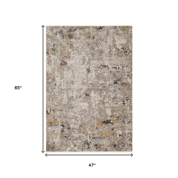 HomeRoots 5' Hand-Loomed Abstract Area Rug in Beige, Tan & Gold - Distressed Design for Timeless Elegance 4' X 5' 374817