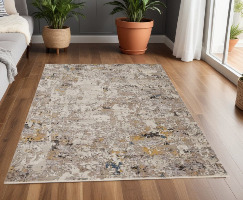 HomeRoots 5' Hand-Loomed Abstract Area Rug in Beige, Tan & Gold - Distressed Design for Timeless Elegance 4' X 5' 374817