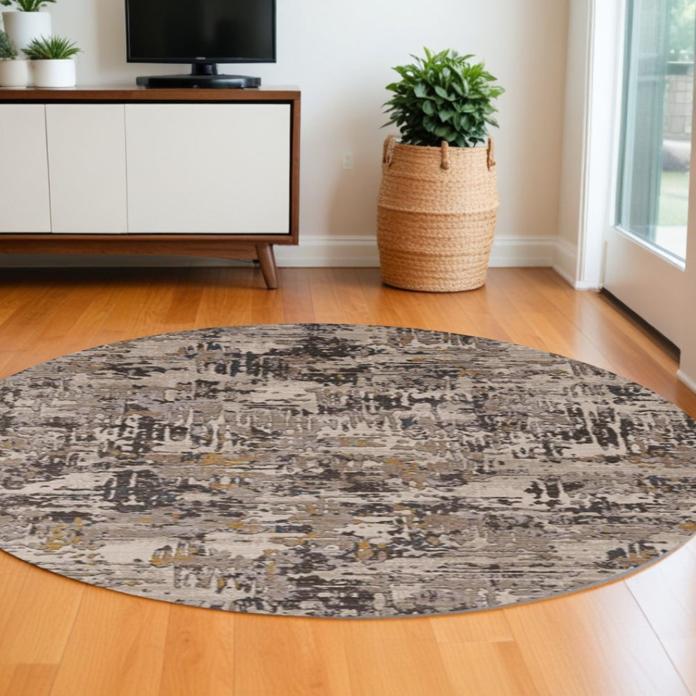 HomeRoots 8' Abstract Gray, Black, and Gold Rug - Modern Design for Cozy Elegance in Living Spaces and More 8' Round 374821