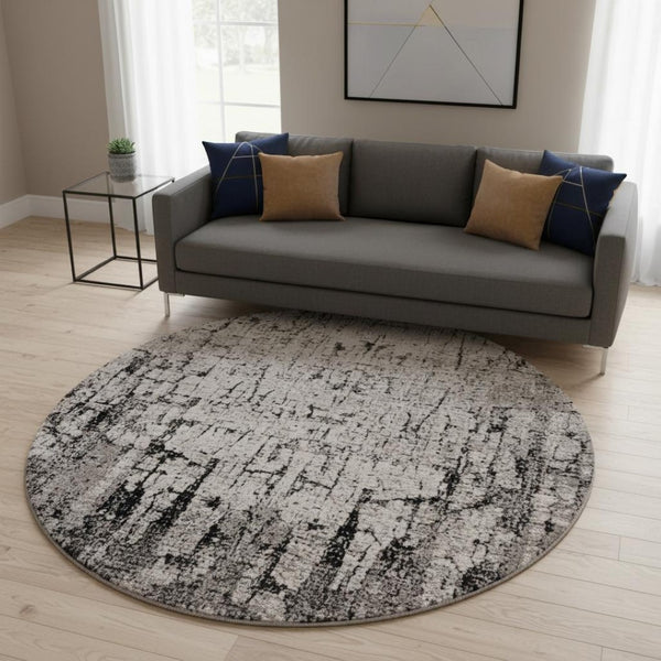 HomeRoots 8' Gray and Ivory Area Rug - Contemporary Abstract Design for Cozy Living Spaces and Easy Care 8' Round 374827