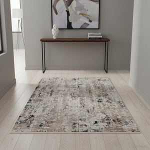 HomeRoots 4' Beige and Gray Distressed Area Rug - Modern Abstract Design for Home, Durable & Stain Resistant 4' X 5' 374829