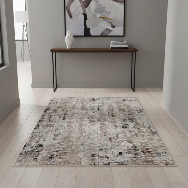 HomeRoots 4' Beige and Gray Distressed Area Rug - Modern Abstract Design for Home, Durable & Stain Resistant 4' X 5' 374829