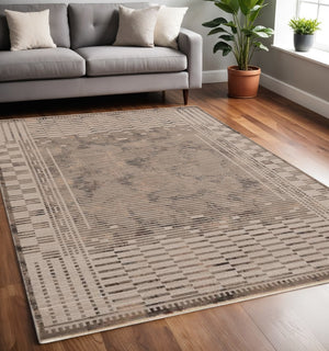 HomeRoots 4' Beige and Brown Abstract Area Rug – Modern Design for High-Traffic Spaces, Easy Care & Stylish Warmth 5' X 8' 374847