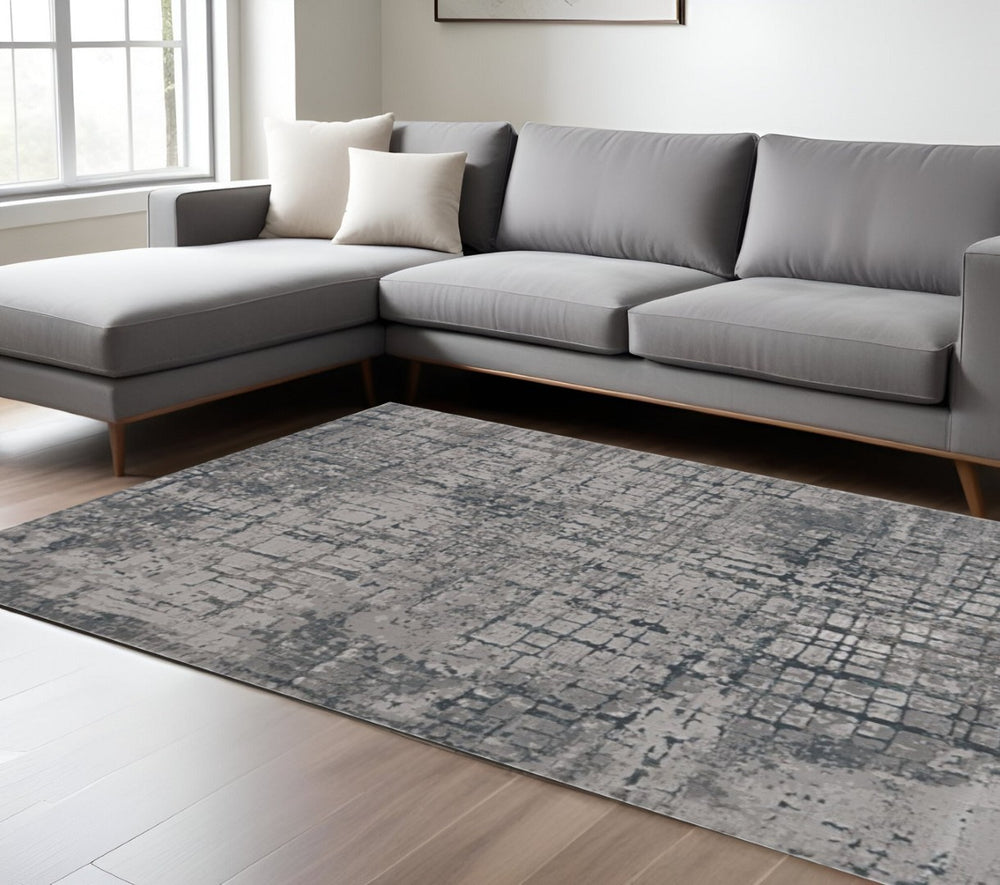 HomeRoots 10' X 13' Abstract Area Rug – Modern Elegance for Living Spaces, Durable, Easy-Clean Design Ideal for Homes Gray, Ivory 374868