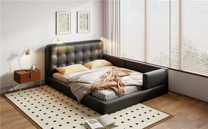 English Elm Queen PU Leather Upholstered Platform Bed with Built-In Dual Reading Lights and Sturdy 600lb Capacity Black SF000186AAB