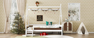 English Elm Twin House Shaped Platform Bed Solid Pine Frame with Built in Stairs for Kids W1580P354718