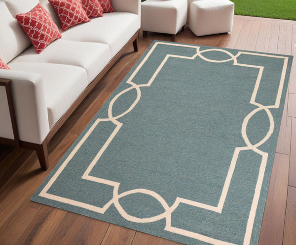 HomeRoots 7' Sky Blue and Ivory Geometric Handmade Area Rug for Indoor and Outdoor Spaces – Stylish & Durable 5' x 7' 374944