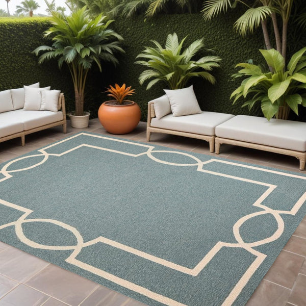 HomeRoots 7' Sky Blue and Ivory Geometric Handmade Area Rug for Indoor and Outdoor Spaces – Stylish & Durable 7' X 10' Round 374945