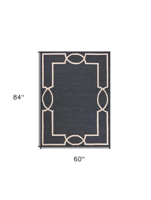 HomeRoots 7' Onyx and Ivory Geometric Handmade Area Rug for Indoor and Outdoor Spaces, Durable Design 5' X 7' Rectangle 374949