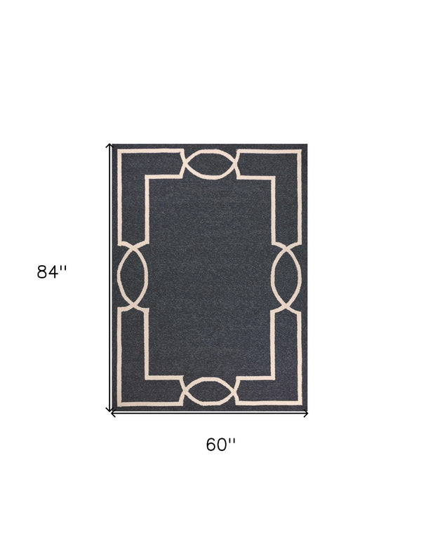 HomeRoots 7' Onyx and Ivory Geometric Handmade Area Rug for Indoor and Outdoor Spaces, Durable Design 5' X 7' Rectangle 374949