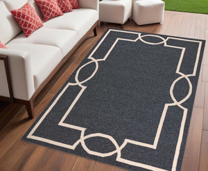 HomeRoots 7' Onyx and Ivory Geometric Handmade Area Rug for Indoor and Outdoor Spaces, Durable Design 5' X 7' Rectangle 374949