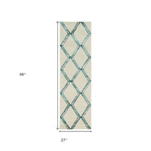 HomeRoots 12' Cream and Aqua Wool Geometric Hand-Tufted Area Rug - Elevate Your Space with Artisan Craftsmanship 8' Runner 374983