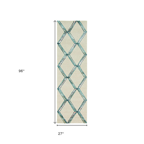 HomeRoots 12' Cream and Aqua Wool Geometric Hand-Tufted Area Rug - Elevate Your Space with Artisan Craftsmanship 8' Runner 374983