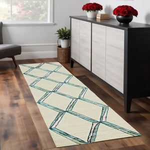 HomeRoots 12' Cream and Aqua Wool Geometric Hand-Tufted Area Rug - Elevate Your Space with Artisan Craftsmanship 8' Runner 374983