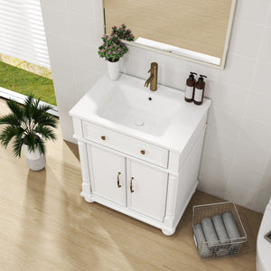 English Elm 27.8" Mid-century Freestanding Bathroom Vanity with Ceramic Sink Drawer and Wood Base White W1801S00006