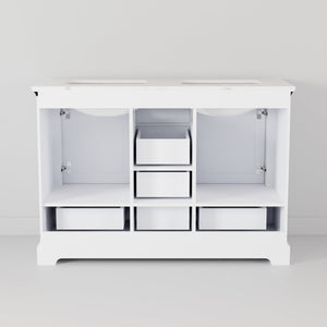 English Elm White Double Bath Vanity 48 in with Cultured Marble Scratch‑Resistant Top, Faucet & 46in Mirror, Chrome B2731S01006