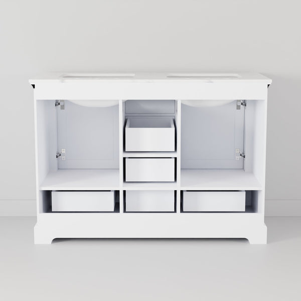 English Elm White Double Bath Vanity 48 in with Cultured Marble Scratch‑Resistant Top, Faucet & 46in Mirror, Chrome B2731S01006
