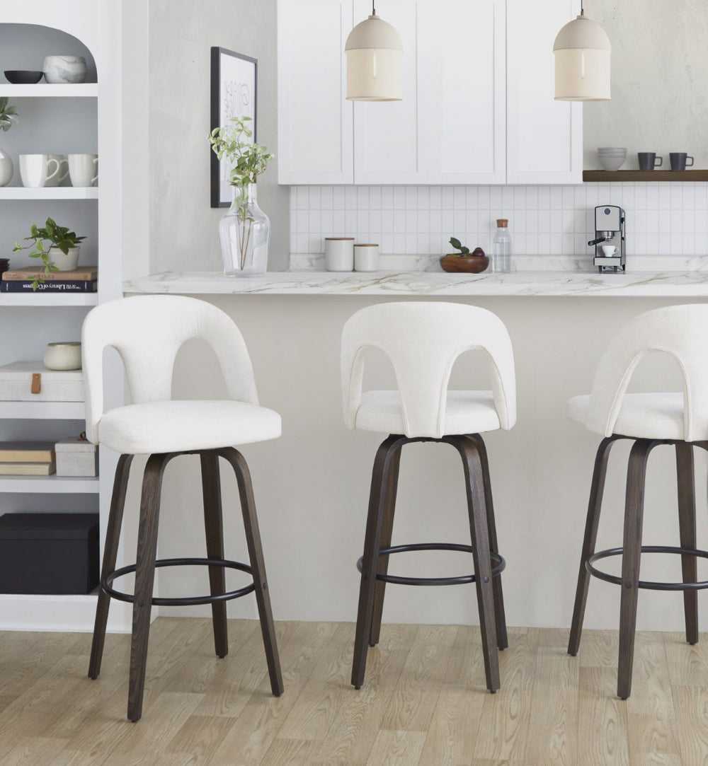English Elm Fixed-height Swivel Barstools Walnut Bentwood Frame White Upholstered Seat Set of 2 B202S01875
