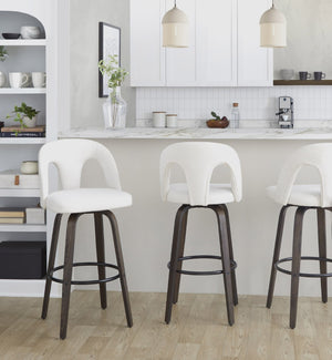 English Elm Fixed-height Swivel Barstools Walnut Bentwood Frame White Upholstered Seat Set of 2 B202S01875