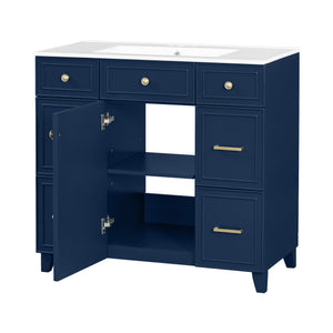 English Elm 36" 36-inch Transitional Bathroom Vanity with Ceramic Basin, Solid Wood Frame, Soft-Close Storage Elegance Blue N729P255663C
