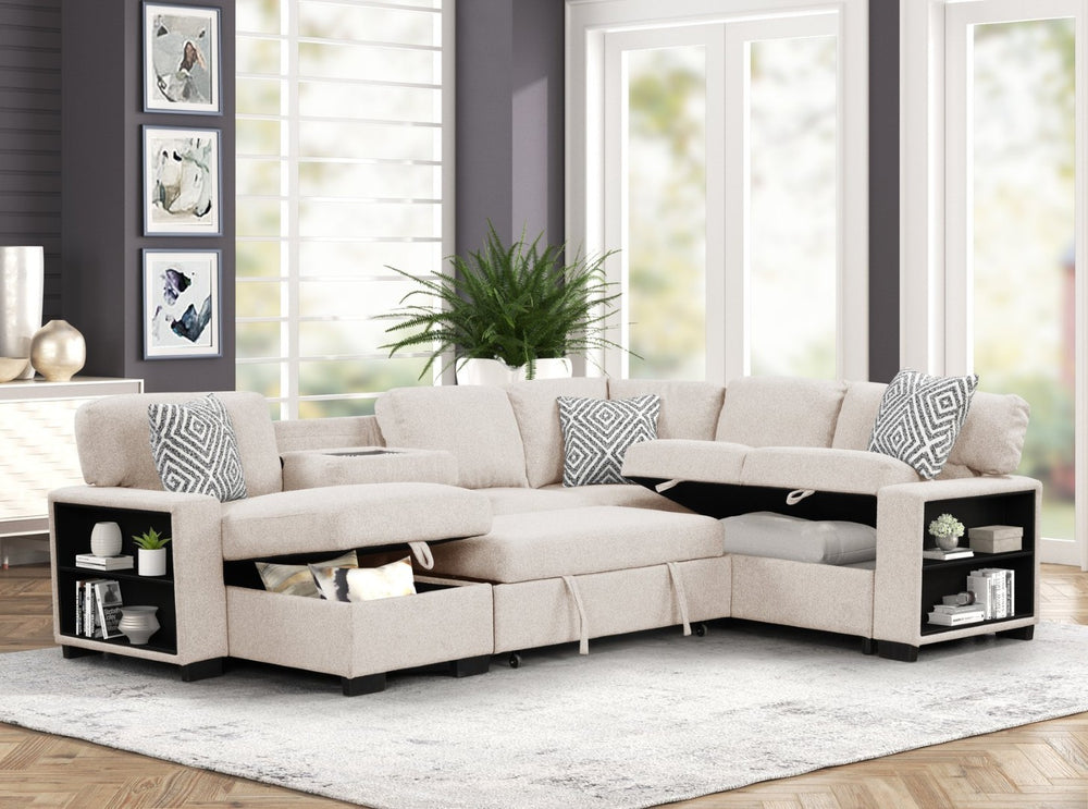 English Elm Cairo Modern Sectional With Pullout Sleeper, Storage, Bookcase Armrests & Usb Charging In Beige P1 B009S01662-GIGA