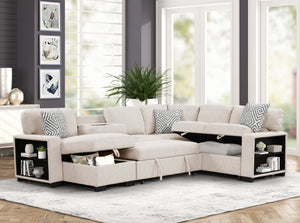 English Elm Cairo Modern Sectional With Pullout Sleeper, Storage, Bookcase Armrests & Usb Charging In Beige P1 B009S01662-GIGA