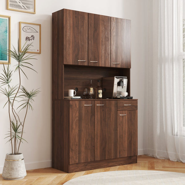 English Elm 70.87" Melamine Wardrobe & Kitchen Cabinet, 6-Door Storage with Drawer & Open Shelf, Walnut Finish, Durable Sturdy Design W331S00172