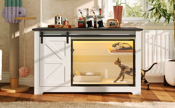 English Elm 46" Farmhouse Litter Box Enclosure with Barn Door Led Lighting and Storage Cabinet N704P402453K