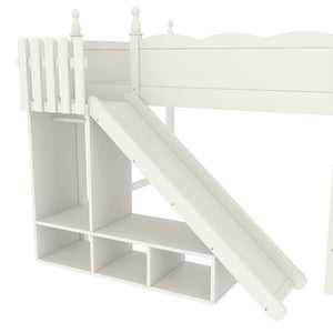 English Elm Twin Loft Bed Solid Pine Frame with Wardrobe Shelving Detachable Slide Kids Room Beige W5305S00023