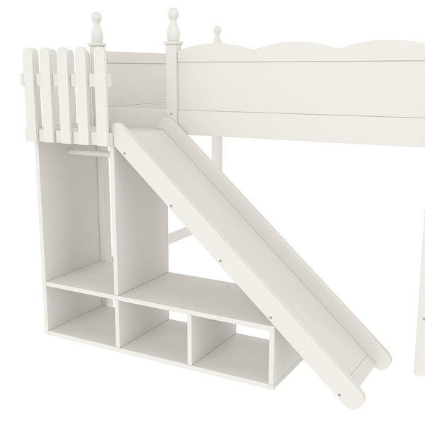 English Elm Twin Loft Bed Solid Pine Frame with Wardrobe Shelving Detachable Slide Kids Room Beige W5305S00023