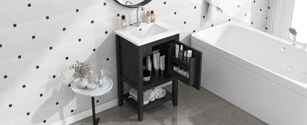 English Elm 20" Matte Freestanding Bathroom Vanity Rubberwood Cabinet Ceramic Sink Open Shelf Black N725P391115B
