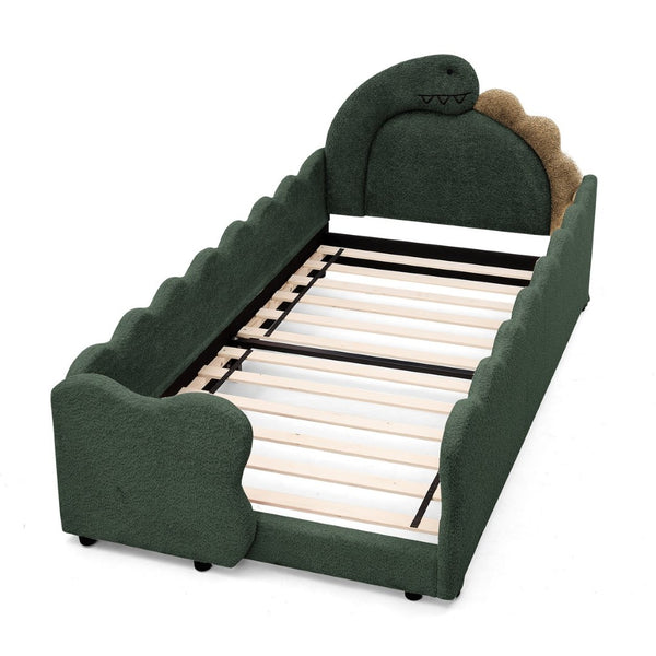 English Elm Twin Dinosaur Boucle Upholstered Kids Bed Solid Wood Frame with Padded Safety Rails Green W1413P385005