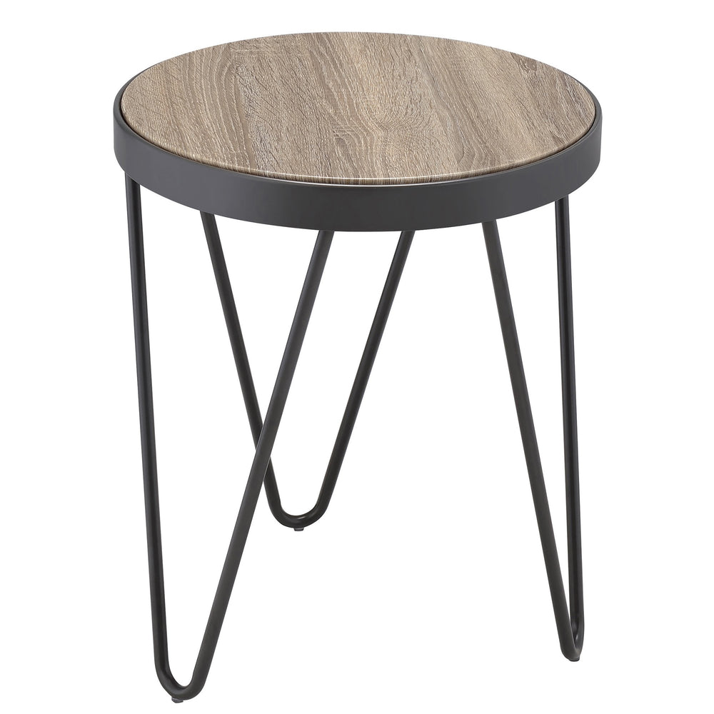 English Elm Weathered Grey Oak Round End Table with Black Metal Trim & Hairpin Legs — Rustic Chic Accent Table B062P186467