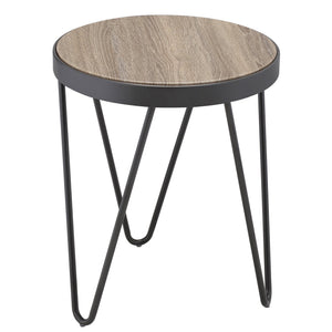 English Elm Weathered Grey Oak Round End Table with Black Metal Trim & Hairpin Legs — Rustic Chic Accent Table B062P186467