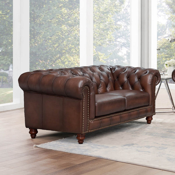 English Elm Alton Bay Top Grain Leather Loveseat with Button-Tufted Chesterfield Back, Rolled Arms & Wood Feet B2705P211738