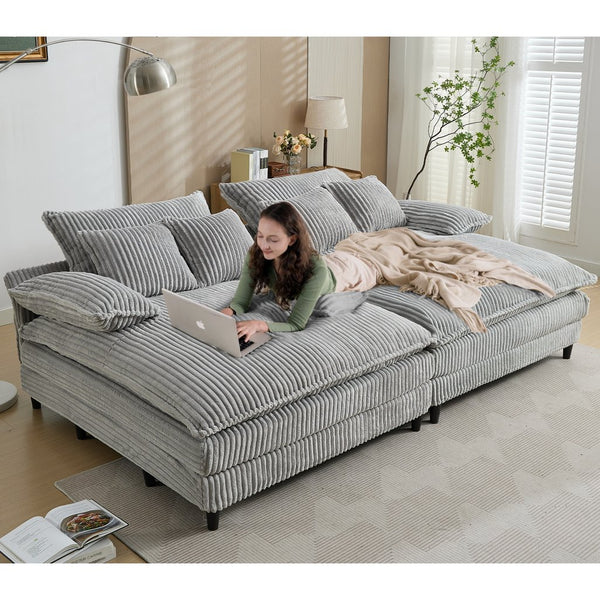 English Elm [NEW Oversized Double Lounge Chaise Sofa Bed with 4-Gear Adjustable Backrest, Corduroy, Deep Seat, Pillows Gray W1628S00012