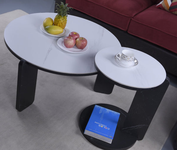 English Elm Set of 2 Round Sintered Stone Nesting Tables Sleek Modern Accent for Living Rooms W2899P405896