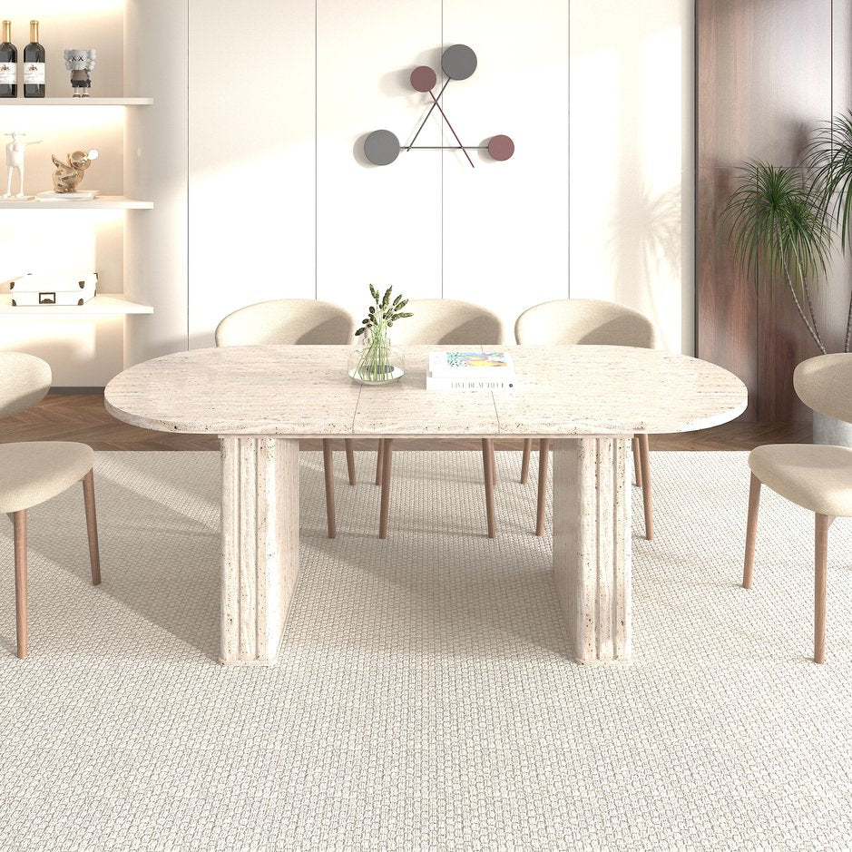 English Elm Kitchen extendable dining table with travertine-inspired melamine top, rounded edges, sturdy wooden base for family gatherings Beige W1347S00017