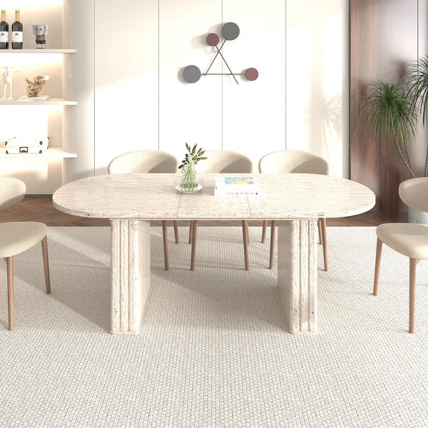 English Elm Kitchen extendable dining table with travertine-inspired melamine top, rounded edges, sturdy wooden base for family gatherings Beige W1347S00017