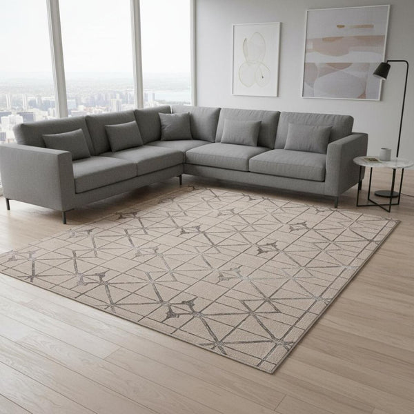 HomeRoots 3' Ivory and Brown Geometric Area Rug - Modern Design, Durable, Easy-Clean, Perfect for Any Space 7' X 10' 375030