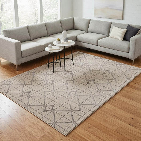 HomeRoots 3' Ivory and Brown Geometric Area Rug - Modern Design, Durable, Easy-Clean, Perfect for Any Space 7' X 10' 375030