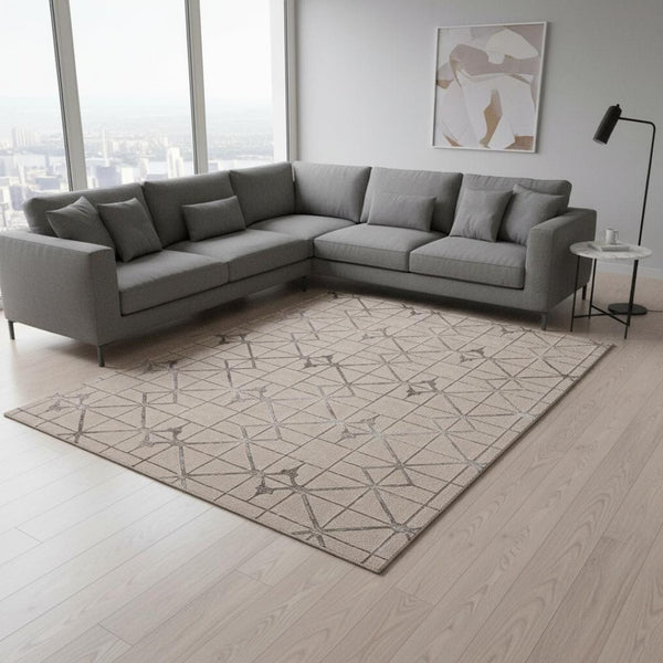 HomeRoots 3' Ivory and Brown Geometric Area Rug - Modern Design, Durable, Easy-Clean, Perfect for Any Space 8' X 11' 375031