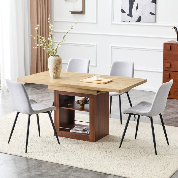 English Elm Scalable Extendable Dining Set Four Chairs Linen Upholstered Walnut Base Modern W1151S04684