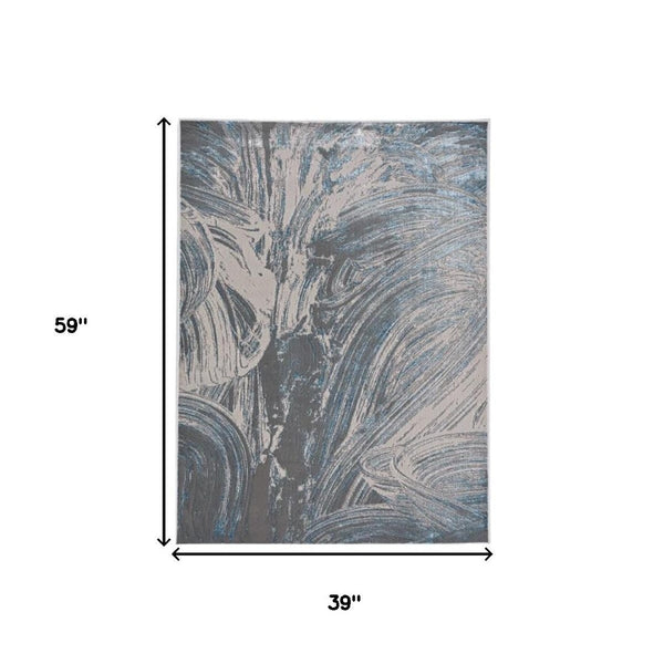 HomeRoots 3' Blue And Silver Abstract Area Rug - Modern Elegance for High-Traffic Areas, Easy Care & Durable Design 3' X 5' 375038