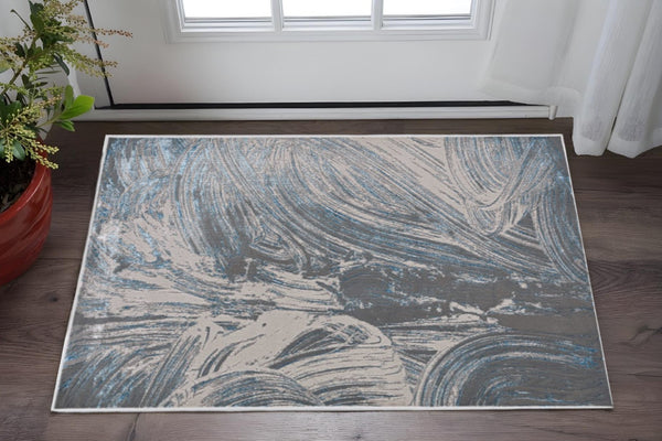 HomeRoots 3' Blue And Silver Abstract Area Rug - Modern Elegance for High-Traffic Areas, Easy Care & Durable Design 3' X 5' 375038