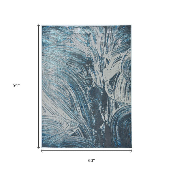 HomeRoots 3' Blue And Silver Abstract Area Rug - Modern Elegance for High-Traffic Areas, Easy Care & Durable Design 5' X 8' 375039