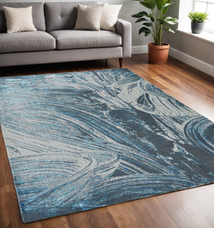 HomeRoots 3' Blue And Silver Abstract Area Rug - Modern Elegance for High-Traffic Areas, Easy Care & Durable Design 5' X 8' 375039
