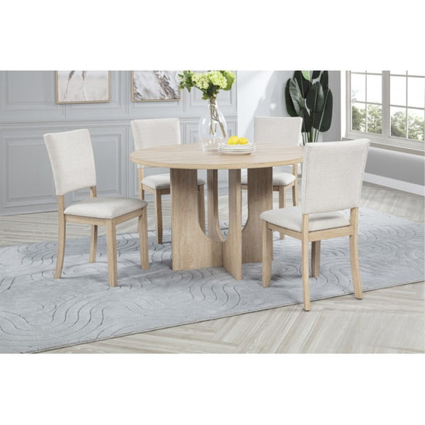 English Elm 5 Piece Round Oak Dining Set with Sculptural Base and Four Upholstered Chairs B011S01918